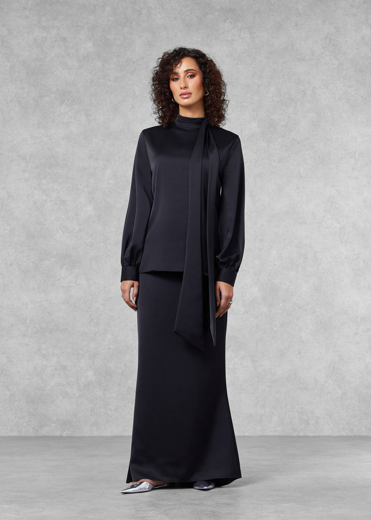 Contrast High-Neck Long-Sleeve SMLS100© Dress